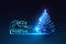 Merry Christmas greeting card with Glowing spruce tree in futuristic glowing polygonal style on blue