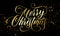 Merry Christmas greeting card of golden festive glitter confetti or sparkling fireworks on premium black background. Vector gold c