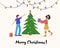 Merry Christmas greeting card. Happy couples, young men and women decorating the Christmas tree. Vector illustration for flyer,