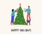 Merry Christmas greeting card. Happy multinational couple decorating a Christmas tree. Vector illustration for flyer, postcard and