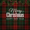 Merry Christmas greeting card, invitation with Christmas tree branches and red berries border. Tartan checkered background.