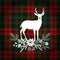 Merry Christmas greeting card, invitation. Deer with Christmas bouquet, floral decoration. Tartan checkered plaid
