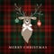 Merry Christmas greeting card, invitation. Reindeer with Christmas baubles and ribbon. Tartan checkered plaid, illustration