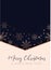 Merry Christmas greeting card with rose gold snowflakes, navy blue and beige colors