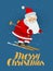 Merry Christmas greeting card. Santa Claus is skiing. Cartoon vector illustration