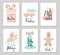 Merry Christmas greeting card set with cute xmas tree, bear, cat on a sleigh, socks, car and gift.