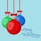 Merry Christmas greeting card on snowy background with red, green and blue decorative balls, stok vector illustration