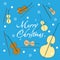 Merry christmas greeting card with violins on a blue background, vector