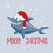 Merry Christmas - greeting with cute shark in santa hat and snowflakes.