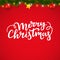 Merry Christmas greeting lettering. Festive winter background with decorative garland.