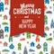 Merry Christmas Greeting Postcard. Xmas Village vector illustration