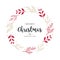 Merry Christmas greeting text branch wreath circle isolated background