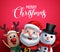 Merry christmas greeting text with santa claus, reindeer and snowman vector characters