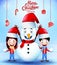 Merry Christmas Greetings Poster with Snowman and Kids