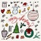 Merry Christmas hand-drawn illustration elements like tree, snowman, snowflakes, presents and wreath. Set of xmas hand drawn doo