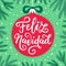 Merry Christmas hand drawn phrase in Spanish language on the traditional colored red ball and green fir tree branches background.