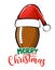 Merry Christmas - Hand drawn rugby ball illustration in Santa hat.