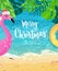 Merry Christmas hand lettering text for exotic New Year celebration. Summer seashore with sand and yellow swim ring