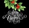 Merry Christmas handwriting script lettering. Christmas greeting card with holly. Vector illustration