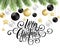 Merry Christmas handwriting script lettering. Greeting background with a Christmas tree and decorations. Vector