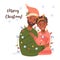 Merry Christmas. Happy ethnic black young couple with festive garland. Vector illustration. Cute New Year characters.