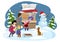 Merry Christmas happy family Vector. Joyful boy playing outdoors with his mother. Snowing Winter holidays. Christmas
