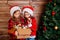 Merry Christmas and Happy Holidays. Cute little sisters decorate the tree at home.