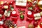 Merry Christmas and happy holidays xmas gifts. Baubles, presents, candy with christmas ornaments. Top view. Christmas family