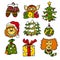 Merry Christmas and Happy New 2016 Year cartoon vecot icons with monkeys and presents