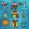 Merry Christmas and Happy New 2016 Year cartoon vector icons with monkeys and presents.