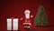 Merry Christmas and Happy New Year 2020 animation. Santa Claus with a Christmas gift near the Christmas tree. Santa