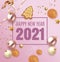 Merry Christmas and Happy New Year 2021 design with light garland, tree gingerbread, white and pink balls and glitter