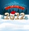 Merry Christmas and Happy New Year 2022. Golden 3D numbers with Santa hat, branch of tree on a winter landscape