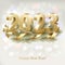 Merry Christmas and Happy New Year 2023. Golden 3D numbers with gold ribbon