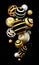 Merry Christmas and Happy New Year 3d render vertical illustration card with ornate gold, black and silver xmas balls and