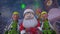 Merry Christmas and Happy New Year animation. Funny Santa Claus and two fairy-tale elves appear with a gift in a