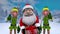 Merry Christmas and Happy New Year animation. Funny Santa Claus and two fairy-tale elves appear with a gift in the