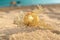 Merry Christmas and Happy New Year background, Christmas gold decoration ball and reindeer on the beach near ocean