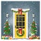 Merry Christmas and Happy New Year background with decorated Christmas front door