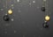 Merry Christmas and Happy New Year background. Holiday decoration element. Gold and blakc Christmas balls and snowflake