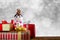 Merry christmas and happy new year background. Snowman and gift