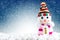 Merry christmas and happy new year background. Snowman standing