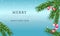 Merry Christmas and Happy New Year banner with a Christmas tree branch, Christmas candy on a blue background