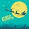 Merry Christmas and happy new year banner with Deer Pulling Santa`s Sleigh in full moon night scene vector design