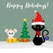 Merry christmas and a happy new year. Black cat in a santa hat and scarf Santa. White mouse in a gift box. Christmas