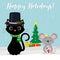 Merry christmas and happy new year. A black cat in a snowman hat and a gray mouse in a crown holds a boot with sweets