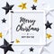 Merry Christmas and Happy New Year black lettering inside white frame over flat lay with golden, black and white stars.