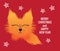 Merry Christmas and Happy New Year card with orange cute fox fluff Vector illustration isolated on red background.