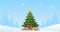 Merry christmas and happy new year. Cartoon 2D animation, motion design. Decorated Christmas tree with gifts in the forest, fallin