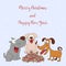 Merry Christmas and Happy New Year. Cartoon greeting card with t